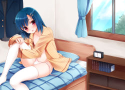 Rule 34 | 1boy, aichi shiho, bed, blue hair, blush, bookshelf, bulge, clock, hair ornament, hairclip, highres, hugging own legs, looking at viewer, male focus, nipples, no pants, non-web source, open clothes, open shirt, original, panties, red eyes, shirt, side-tie panties, sitting, solo, thighhighs, trap, underwear, untied panties, white thighhighs, window