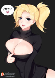 Rule 34 | 1girl, areola slip, artist name, black panties, black sweater, blonde hair, blue eyes, breasts, casual, center opening, cleavage cutout, clothes pull, clothing cutout, english text, grey background, hair tie, heart, large breasts, long hair, long sleeves, looking at viewer, meme attire, mercy (overwatch), open-chest sweater, overwatch, overwatch 1, panties, parted lips, patreon, patreon username, ribbed sweater, signature, simple background, smile, solo, speech bubble, sweater, sweater pull, tofuubear, turtleneck, underwear, upper body, watermark