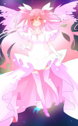 Rule 34 | 10s, 1girl, alternate hairstyle, bad hands, boots, bow, gloves, hair bow, highres, kaname madoka, long hair, magical girl, mahou shoujo madoka magica, mahou shoujo madoka magica (anime), negiko, pink footwear, pink hair, smile, solo, spoilers, thighhighs, twintails, two side up, ultimate madoka, white gloves, yellow eyes