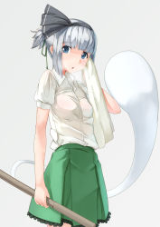 Rule 34 | 1girl, :o, alternate hairstyle, arm at side, black ribbon, blue eyes, blunt bangs, blush, breasts, breath, cowboy shot, eyebrows, floating, ghost, grey background, hair ribbon, hairband, highres, hitodama, holding, holding staff, kanzen bouon, konpaku youmu, konpaku youmu (ghost), looking at viewer, open mouth, ponytail, ribbon, rubbing, see-through, shirt, short hair, sidelocks, silver hair, simple background, skirt, small breasts, solo, staff, standing, sweat, tareme, touhou, towel, wet, wet clothes, wet shirt, white shirt