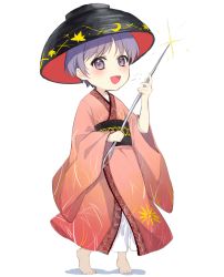 Rule 34 | 1girl, bad id, bad pixiv id, barefoot, belt, black belt, black headwear, bowl, bowl hat, chibi, crescent, floral print, flower, hands up, hat, highres, japanese clothes, jill 07km, kimono, long sleeves, looking at viewer, needle, open mouth, pink kimono, pink sleeves, purple eyes, purple hair, short hair, simple background, smile, standing, star (symbol), sukuna shinmyoumaru, touhou, very short hair, white background, yellow flower