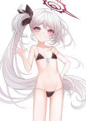 Rule 34 | 1girl, :d, absurdres, alternate costume, armpits, bikini, black bikini, blue archive, collarbone, commentary request, flat chest, flower, grey hair, groin, hair between eyes, hair flower, hair ornament, hair scrunchie, halo, hand on own hip, highres, long hair, looking at viewer, loyo, mutsuki (blue archive), navel, open mouth, pointy ears, purple eyes, scrunchie, side ponytail, sidelocks, simple background, smile, solo, spaghetti strap, stomach, swimsuit, waving