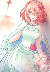 Rule 34 | blonde hair, blue eyes, blush, bouquet, breasts, bridal veil, dress, dutch angle, flower, girls und panzer, gloves, highres, jewelry, looking at viewer, medium breasts, mimoe, necklace, oshida (girls und panzer), outstretched hand, pearl necklace, rose, short hair, solo, veil, wedding dress