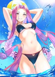 Rule 34 | 1girl, armpits, arms behind head, arms up, ball, bare shoulders, beachball, bikini, black bikini, blue sky, blush, braid, braided ponytail, breasts, cleavage, collarbone, commentary request, day, doushimasho, fate/stay night, fate (series), forehead, highres, large breasts, long hair, looking at viewer, medusa (fate), medusa (rider) (fate), navel, ocean, parted bangs, purple eyes, purple hair, sidelocks, single braid, sky, smile, square pupils, sunlight, swimsuit, thighs, very long hair, wading