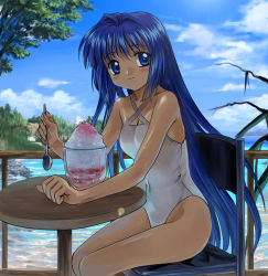 Rule 34 | 1girl, blue eyes, blue hair, breasts, casual one-piece swimsuit, chair, cleavage, cloud, day, food, hair intakes, halterneck, holding, holding spoon, ice cream, kanon, key (company), lens flare, long hair, matching hair/eyes, medium breasts, minase nayuki, mutsuki (moonknives), ocean, one-piece swimsuit, outdoors, shaved ice, sitting, smile, solo, spoon, swimsuit, table, tree, very long hair, water