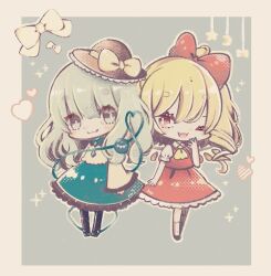 Rule 34 | 2girls, ascot, black footwear, black hat, black thighhighs, blonde hair, blouse, bow, buttons, chibi, crystal, diamond button, eyeball, flandre scarlet, frilled shirt collar, frilled sleeves, frills, full body, green eyes, green hair, green skirt, hair bow, hand on own face, hat, hat bow, hat ribbon, heart, heart of string, komeiji koishi, mike (mikeneko), mob cap, multicolored wings, multiple girls, one eye closed, one side up, open mouth, puffy short sleeves, puffy sleeves, red eyes, red skirt, red vest, ribbon, shirt, short sleeves, side ponytail, skirt, skirt set, teeth, thighhighs, third eye, touhou, upper teeth only, vest, white hat, wide sleeves, wings, yellow ascot, yellow bow, yellow ribbon, yellow shirt