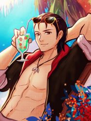 Rule 34 | 1boy, abs, absurdres, black hair, commission, commissioner upload, cup, drinking straw, eyewear on head, fire emblem, fire emblem: thracia 776, fire emblem heroes, highres, holding, holding cup, hunnymzdraws, jewelry, looking at viewer, male focus, necklace, nintendo, reinhardt (fire emblem), smile, sunglasses