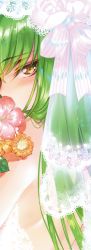 Rule 34 | 1girl, bare shoulders, blush, bouquet, bridal veil, c.c., code geass, creayus, flower, from side, green hair, long hair, looking at viewer, looking to the side, pink flower, profile, ribbon, see-through, sideways glance, solo, straight hair, tsurime, upper body, veil, white ribbon, yellow eyes
