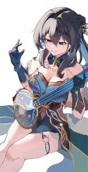 Rule 34 | 1girl, absurdres, bare shoulders, black hair, blue dress, blue eyes, blue gloves, breasts, chinese clothes, cleavage, clothing cutout, commentary, dress, feet out of frame, gloves, hands up, highres, holding, holding instrument, honkai: star rail, honkai (series), instrument, large breasts, long hair, ruan, ruan mei (honkai: star rail), ryz (ujrn7248), short sleeves, shoulder cutout, sitting, smile, solo, white background