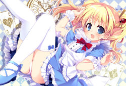 Rule 34 | 1girl, :d, ace (playing card), ace of diamonds, ace of hearts, alice (alice in wonderland), alice (alice in wonderland) (cosplay), alice cartelet, alice in wonderland, alternate costume, apron, blonde hair, blue bow, blue eyes, blue footwear, blush, bow, card, center frills, clock, cosplay, diamond (shape), dress, frills, hair ornament, hair stick, heart, kin-iro mosaic, long hair, looking at viewer, nagayama yuunon, open mouth, panties, pink panties, playing card, red bow, shoes, short sleeves, silhouette, smile, solo, star (symbol), thighhighs, twintails, underwear, white thighhighs, wrist cuffs