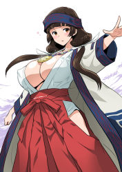 Rule 34 | 10s, 1girl, aged up, amayadori machi, blunt bangs, blush, breasts, brown eyes, brown hair, cleavage, covered erect nipples, hair ribbon, hakama, hakama skirt, headband, hip vent, huge breasts, japanese clothes, jewelry, joy ride, kumamiko, large breasts, long hair, looking at viewer, low twintails, miko, necklace, open mouth, red hakama, ribbon, simple background, skirt, solo, standing, twintails