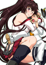 Rule 34 | 1boy, 1girl, admiral (kancolle), anchor ornament, breasts, brown eyes, commentary request, flower, hair flower, hair ornament, hat, unworn hat, unworn headwear, hip vent, hug, kantai collection, large breasts, little boy admiral (kancolle), long hair, manabe jouji, medium breasts, military uniform, naval uniform, one eye closed, pants, peaked cap, pleated skirt, red eyes, red skirt, simple background, single thighhigh, skirt, thighhighs, uniform, upper body, white background, white pants, yamato (kancolle)