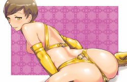Rule 34 | 1girl, ass, atlus, back, bad id, bad pixiv id, blush, breasts, brown hair, crotch zipper, dark persona, dimples of venus, dutch angle, elbow gloves, em (totsuzen no hakike), from behind, gloves, high heels, latex, looking at viewer, looking back, naughty face, nipples, outside border, persona, persona 4, satonaka chie, shadow (persona), short hair, sitting, solo, topless, wariza, yellow eyes, zipper