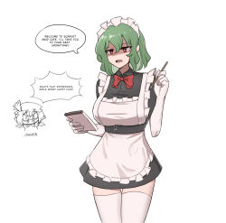 Rule 34 | 2girls, alternate costume, black dress, breasts, cafe maid (love live!), chibi, chibi inset, dress, elbow gloves, english text, gloves, green hair, highres, huge breasts, kazami yuuka, maid, maid cafe, maid headdress, mata (matasoup), multiple girls, red eyes, remilia scarlet, shaded face, short dress, short hair, simple background, speech bubble, thighhighs, thighs, touhou, white background, white thighhighs