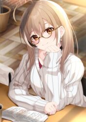 Rule 34 | 1girl, absurdres, ahoge, berry, black choker, book, brown eyes, brown hair, choker, coffee, crossed bangs, cup, desk, earrings, food-themed earrings, from above, gekka (luna gekka), glasses, highres, hololive, hololive english, jewelry, long hair, looking at viewer, mug, multicolored hair, nanashi mumei, nanashi mumei (casual), official alternate costume, open book, plant, potted plant, red shirt, round eyewear, shirt, sitting, sleeves past wrists, smile, streaked hair, sweater, virtual youtuber, white sweater, window shadow, wooden floor