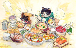Rule 34 | 2others, animal, bowl, bread, bread slice, casserole, cat, clothed animal, coffee pot, cooking pot, cutting board, eating, fish (food), food, highres, holding, holding spoon, multiple others, no humans, original, plate, salmon, sitting, spoon, steam, stew, too much food, twitter username, yasaioji3