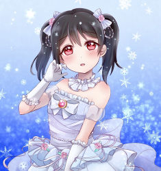 Rule 34 | bad id, bad pixiv id, black hair, blue background, commentary, commentary request, detached collar, dress, hair ornament, highres, kino xx62, love live!, love live! school idol festival, love live! school idol project, open mouth, red eyes, snow, solo, standing, twintails, white dress, yazawa nico