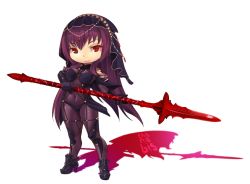 Rule 34 | 1girl, ankle boots, armor, artist name, bad id, bad pixiv id, black footwear, bodysuit, boots, breasts, chibi, closed mouth, covered navel, fate/grand order, fate (series), full body, gae bolg (fate), high heel boots, high heels, holding, holding weapon, legs apart, looking at viewer, medium breasts, pauldrons, purple bodysuit, purple hair, red eyes, scathach (fate), shadow, shiny clothes, shoulder armor, simple background, skin tight, smile, solo, standing, straight hair, thanabis, tsurime, veil, weapon, white background