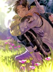 Rule 34 | 1boy, absurdres, apex legends, bad id, bad pixiv id, black gloves, black hair, black pants, boots, crossed arms, crypto (apex legends), flower, from side, gloves, grass, green sleeves, grey eyes, grey jacket, hack (apex legends), highres, jacket, kawaniwa, looking at viewer, pants, partially fingerless gloves, pink flower, smile, solo, squatting, sunlight, undercut, white footwear