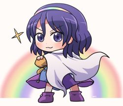 Rule 34 | 1girl, :d, blurry, cape, closed mouth, cowboy shot, crossed arms, dress, full body, hairband, looking at viewer, looking back, multicolored clothes, multicolored dress, multicolored hairband, open mouth, purple eyes, purple footwear, purple hair, rainbow, rokugou daisuke, short hair, signature, smile, standing, star (symbol), tenkyuu chimata, touhou, v-shaped eyebrows, white background, white cape