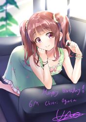 Rule 34 | 1girl, absurdres, blunt bangs, blush, bracelet, brown hair, cherry print, collarbone, couch, dated, dress, food print, green dress, hand on own cheek, hand on own face, happy birthday, highres, holding, holding own hair, idolmaster, idolmaster cinderella girls, indoors, jewelry, kneeling, looking at viewer, ogata chieri, on couch, sidelocks, signature, sleeveless, sleeveless dress, smile, solo, twintails, uno (unoirasuto)