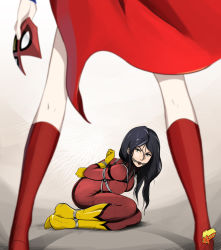 Rule 34 | 2girls, bdsm, black hair, bodysuit, bondage, bound, bound arms, bound legs, cape, crossover, dc comics, gagged, gradient background, highres, jessica drew, kryptonian, legs, legs apart, long hair, looking up, marvel, mask, unworn mask, multiple girls, on ground, red cape, red footwear, sharpffffff, shoes, spider-woman, supergirl, trapped, view between legs, white background