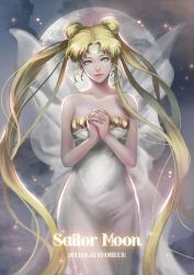 Rule 34 | 10s, 1girl, 2013, artist name, bare arms, bare shoulders, bishoujo senshi sailor moon, blonde hair, blue eyes, collarbone, copyright name, crescent, crescent facial mark, dated, double bun, dress, earrings, facial mark, forehead mark, jewelry, long hair, neck, neo queen serenity, own hands clasped, own hands together, princess serenity, realistic, solo, strapless, strapless dress, tsukino usagi, twintails, white dress, yamkom