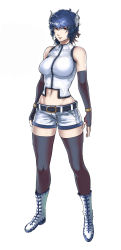 Rule 34 | 1girl, bare shoulders, belt, black gloves, black thighhighs, blue hair, boots, bracelet, breasts, collarbone, crop top, elbow gloves, female focus, fingerless gloves, full body, gloves, highres, horns, impossible clothes, impossible shirt, jewelry, large breasts, looking at viewer, midriff, navel, original, red eyes, serious, shirt, short hair, short shorts, shorts, simple background, sleeveless, sleeveless shirt, solo, standing, the golden smurf, thighhighs, thighs, white background, white footwear, white shirt