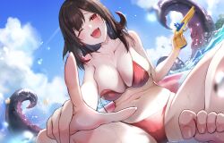 Rule 34 | 1girl, azur lane, bare shoulders, barefoot, bikini, bird, black hair, blue sky, breasts, chick, cloud, commentary request, foot out of frame, highres, holding, holding water gun, kai (ootamuno12), large breasts, manjuu (azur lane), medium hair, navel, official alternate costume, one eye closed, open mouth, outdoors, red bikini, red eyes, royal fortune (azur lane), royal fortune (eyes on the prize) (azur lane), sharp teeth, sky, smile, stomach, suction cups, swimsuit, teeth, tentacle hair, tentacles, toe scrunch, toenails, toes, wardrobe malfunction, water, water gun