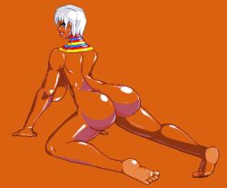 Rule 34 | 1girl, all fours, ass, blue eyes, breasts, capcom, dark-skinned female, dark skin, elena (street fighter), feet, female focus, hanging breasts, huge ass, huge breasts, jewelry, legs, long legs, looking back, lowres, necklace, nude, pixel art, shiny skin, short hair, simple background, solo, street fighter, street fighter iii (series), thighs, white hair