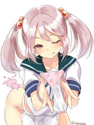 Rule 34 | 1girl, apron, blush, bottomless, hair bobbles, hair ornament, heart, highres, holding, holding clothes, holding panties, holding underwear, kantai collection, long hair, one eye closed, open mouth, panties, unworn panties, pink eyes, pink hair, pink panties, presenting removed panties, rabbit, sailor collar, sazanami (kancolle), school uniform, serafuku, short sleeves, simple background, stained panties, takase muh, twintails, underwear, white background