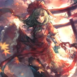 Rule 34 | 1girl, absurdres, arm ribbon, autumn, black pantyhose, blurry, blurry foreground, bow, clothes lift, cloud, cloudy sky, commentary, dress, eyelashes, falling leaves, frilled dress, frilled sleeves, frills, front ponytail, green eyes, green hair, hair bow, hair ribbon, highres, kagiyama hina, kyogoku-uru, leaf, lips, looking at viewer, maple leaf, nail polish, pantyhose, puffy short sleeves, puffy sleeves, red bow, red dress, red nails, red ribbon, ribbon, short sleeves, skirt, skirt lift, sky, solo, torii, touhou