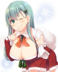 Rule 34 | &gt;;), 10s, 1girl, alternate costume, aqua eyes, aqua hair, bad id, bad pixiv id, blush, breasts, christmas, christmas tree hair ornament, cleavage, detached collar, detached sleeves, downblouse, dress, eyebrows, green eyes, hair ornament, hairclip, kantai collection, large breasts, leaning forward, long hair, long sleeves, looking at viewer, navy (navy.blue), neckerchief, one eye closed, red dress, sack, santa costume, simple background, sleeves past wrists, smile, snowflakes, solo, suzuya (kancolle), v-shaped eyebrows, white background