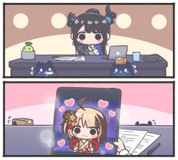 2girls :3 absurdres ahoge asymmetrical_horns black_hair blonde_hair blue_hair blush_stickers box brown_hair cardboard_box commentary cup demon_horns desk english_commentary gigi_murin gigi_murin_(new_year) hair_ornament hairclip heart highres hololive hololive_english horns jailbird_(nerissa_ravencroft) long_hair mole mole_under_eye mpien multicolored_hair multiple_girls nerissa_ravencroft nerissa_ravencroft_(casual) official_alternate_costume pen phone sapling_(ceres_fauna) sitting streaked_hair tablet_pc two-tone_hair virtual_youtuber