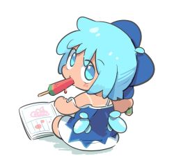 Rule 34 | 1girl, blue bow, blue dress, blue eyes, blue hair, book, bow, cirno, commentary request, dress, dripping, food, from behind, hair bow, half updo, light blue hair, looking at viewer, melting, moyazou (kitaguni moyashi seizoujo), pencil, popsicle, short hair, simple background, solo, tan, tanline, touhou, watermelon bar, white background, wings
