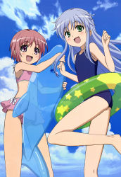 Rule 34 | 2girls, :d, absurdres, bikini, blue hair, cloud, day, flat chest, green eyes, highres, index (toaru majutsu no index), inflatable dolphin, inflatable toy, innertube, legs, long hair, multiple girls, non-web source, nyantype, official art, one-piece swimsuit, open mouth, pink eyes, pink hair, school swimsuit, shinohara kenji, short hair, sky, smile, swim ring, swimsuit, toaru majutsu no index, tsukuyomi komoe, very long hair