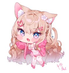Rule 34 | 1girl, :d, animal ear fluff, animal ears, bare shoulders, blue eyes, blush stickers, braid, breasts, brown hair, camisole, cat ears, cat girl, cat tail, cheli (kso1564), chibi, cleavage, copyright request, fang, flower, full body, hair between eyes, hair flower, hair ornament, hairclip, heart, heart hair ornament, highres, jacket, long sleeves, looking at viewer, medium breasts, open clothes, open jacket, open mouth, pink footwear, pink jacket, pink skirt, puffy long sleeves, puffy sleeves, shoes, signature, simple background, skirt, sleeves past wrists, smile, solo, tail, thighhighs, virtual youtuber, white background, white camisole, white flower, white thighhighs