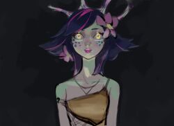 Rule 34 | 1girl, bare shoulders, black background, black hair, brown shirt, carb zzz, closed mouth, collarbone, flower, freckles, hair flower, hair ornament, highres, league of legends, medium hair, neeko (league of legends), pink flower, pink hair, pink lips, shirt, solo, upper body, yellow eyes