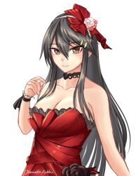 Rule 34 | 1girl, alternate costume, artist name, bare shoulders, black choker, black hair, breasts, brown eyes, choker, cleavage, collarbone, dress, flower, hair between eyes, hair flower, hair ornament, hairclip, haruna (kancolle), headband, historical name connection, kantai collection, long hair, looking at viewer, medium breasts, name connection, one-hour drawing challenge, red dress, rekka yamato, simple background, smile, solo, strapless, strapless dress, white background, white headband