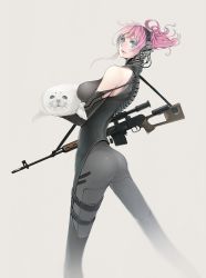 Rule 34 | 1girl, ass, bare shoulders, blue eyes, bodysuit, breasts, dragunov svd, elbow gloves, gloves, gun, highres, large breasts, md5 mismatch, muzzle device, narrow waist, nicole pmonachi, original, pink hair, rifle, scope, seal (animal), short hair, simple background, smile, sniper rifle, solo, weapon
