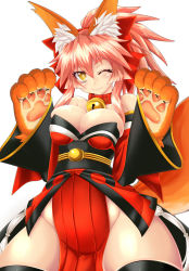 Rule 34 | 1girl, :3, animal ears, animal hands, bell, breasts, cleavage, collar, fate/grand order, fate (series), fox ears, fox tail, groin, hair ribbon, highres, kumapan, large breasts, long hair, looking at viewer, neck bell, one eye closed, pink hair, ribbon, simple background, solo, tail, tamamo (fate), tamamo cat (fate), tamamo cat (first ascension) (fate), tamamo no mae (fate/extra), white background, yellow eyes