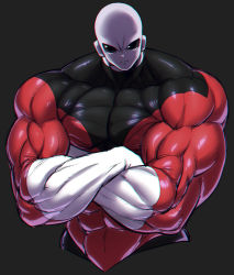 Rule 34 | 10s, 1boy, alien, angry, bald, black background, black eyes, bodysuit, commentary, cowboy shot, crossed arms, dragon ball, dragon ball super, frown, jiren, looking at viewer, male focus, muscular, no pupils, pectorals, simple background, solo, spacezin