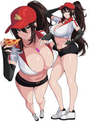 Rule 34 | 1girl, between breasts, black hair, breasts, cleavage, condom, condom between breast, condom wrapper, food, hat, hella p, highres, huge breasts, large breasts, league of legends, pizza, pizza delivery, pizza delivery sivir, pizza slice, ponytail, sivir, thick thighs, thighs