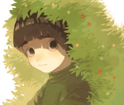 Rule 34 | bad id, bad pixiv id, black eyes, black hair, blunt bangs, blush, bush, closed mouth, eyebrows, flower, from side, green theme, looking at viewer, male focus, morioskn, naruto, naruto (series), plant, rock lee, shade, solo, thick eyebrows, upper body, wavy mouth, white background