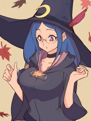 Rule 34 | 1girl, black choker, black dress, blue hair, bluearcadegames, choker, dress, falling leaves, glasses, hat, hat feather, highres, hooded dress, leaf, little witch academia, looking down, parted bangs, parted lips, red eyes, solo, upper body, ursula callistis, wide sleeves, witch hat