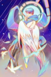 Rule 34 | 1boy, abstract background, angel wings, bird, bishounen, black footwear, blue hair, blue scarf, blue theme, boots, coat, closed eyes, feathers, floating scarf, flying, from behind, full body, grey pants, hand to own mouth, headset, kaito (vocaloid), kaito (vocaloid3), male focus, midair, misu (stepforme), nail polish, pants, scarf, silhouette, solo, vocaloid, white coat, wind, wings