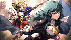Rule 34 | 2boys, 2girls, axe, battle axe, black hair, blonde hair, blue hair, bow (weapon), breasts, byleth (female) (fire emblem), byleth (fire emblem), cape, castle, claude von riegan, closed mouth, crests (fire emblem), dimitri alexandre blaiddyd, edelgard von hresvelg, fire emblem, fire emblem: three houses, hair between eyes, highres, holding, holding polearm, holding weapon, long hair, looking at viewer, multiple boys, multiple girls, nakabayashi zun, necktie, nintendo, open mouth, polearm, smile, sword, weapon, white hair