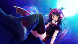 Rule 34 | 1girl, boots, brooch, brown eyes, cape, cross-laced footwear, crossed legs, dress, full moon, game cg, head wings, jewelry, long hair, luce yami asutarite, magical marriage lunatics!!, moon, night, non-web source, outdoors, red hair, sitting, solo, thighhighs, wings, yamakaze ran, yellow eyes