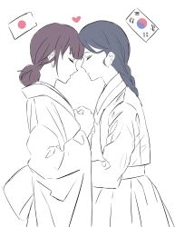 2girls absurdres black_hair braid brown_hair closed_eyes forehead-to-forehead hair_bun heads_together heart highres japan-korea_yuri_(meme) japanese_clothes japanese_flag kimono long_sleeves meme multiple_girls open_clothes open_kimono original parted_lips reki_(user_rcrd4534) simple_background single_braid south_korean_flag white_background yuri