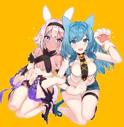 Rule 34 | 2girls, animal ears, animal hands, ankle ribbon, arm grab, bare shoulders, bell, black bow, black legwear, black neckwear, blouse, blue eyes, blue hair, blush, borrowed character, bow, breasts, collar, commentary, cross-laced clothes, denim, detached sleeves, dress, english commentary, fangs, flat chest, from above, gloves, hairband, halterneck, highres, hoshi usagi, jeans, kneeling, leg ribbon, long hair, long sleeves, looking at viewer, medium breasts, medium hair, midriff, multiple girls, neck bell, necktie, open mouth, original, pants, paw gloves, purple eyes, ribbon, ribbon-trimmed sleeves, ribbon trim, shirt, short shorts, shorts, simple background, sleeveless, sleeveless dress, sleeveless shirt, sleeves past fingers, sleeves past wrists, smile, strapless, strapless dress, thigh strap, thighhighs, waving, white dress, white hair, white legwear, white shirt, yellow background